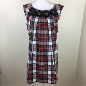 Prairie Plaid Wool Shift Dress w Rhinestone Neck